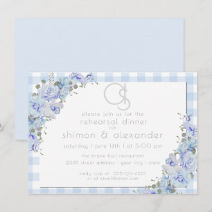 Rehearsal Dinner    Monogram Blue Gingham Floral Invitation