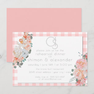 Rehearsal Dinner    Monogram Coral Gingham Floral Invitation