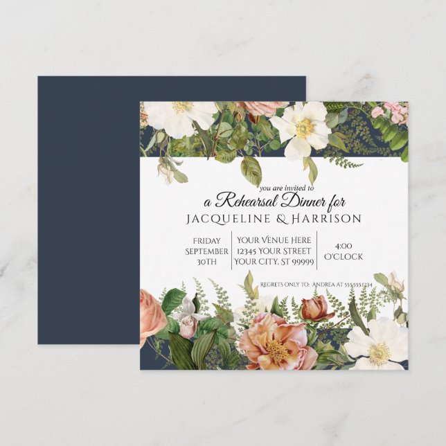 Rehearsal Dinner Navy Blue Blush Ivory Rose Floral Invitation (Front/Back)