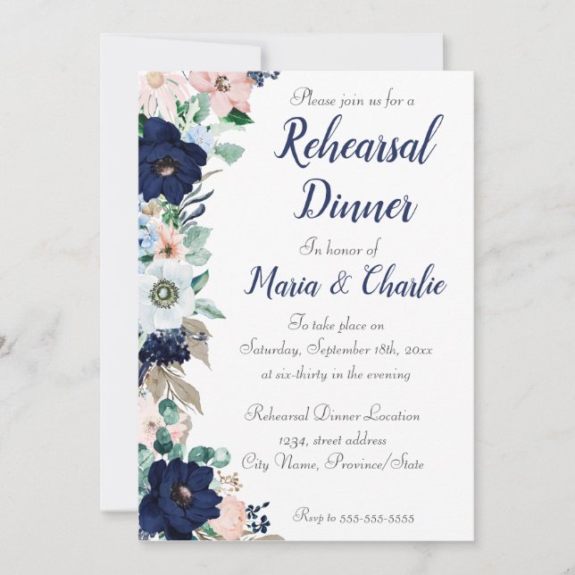 Rehearsal Dinner navy blue  Elegant Florals Invitation (Front)