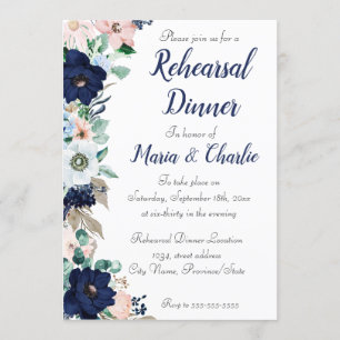 Rehearsal Dinner navy blue  Elegant Florals Invitation
