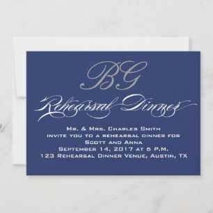 Rehearsal Dinner   Navy Blue Grey Initials Invitation
