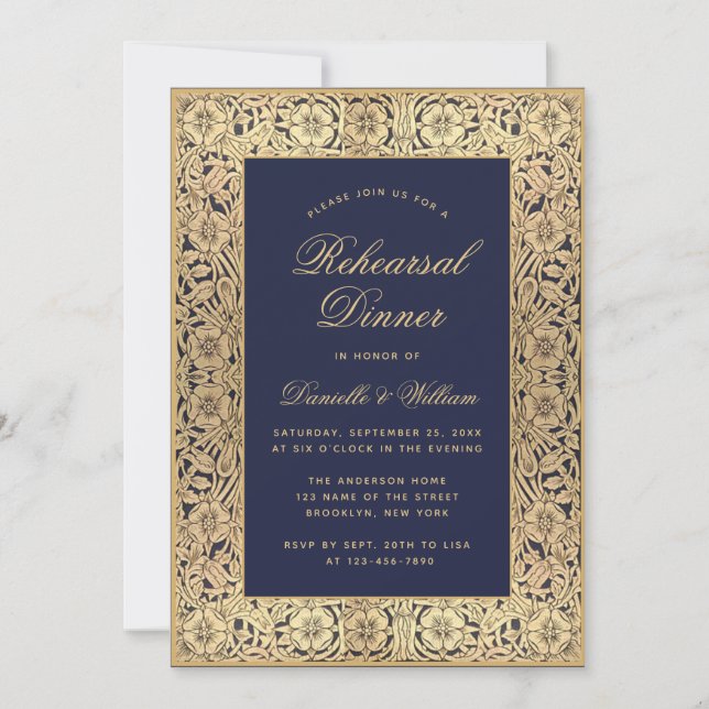 Rehearsal Dinner Navy Blue Vintage Gold Roses Invitation (Front)