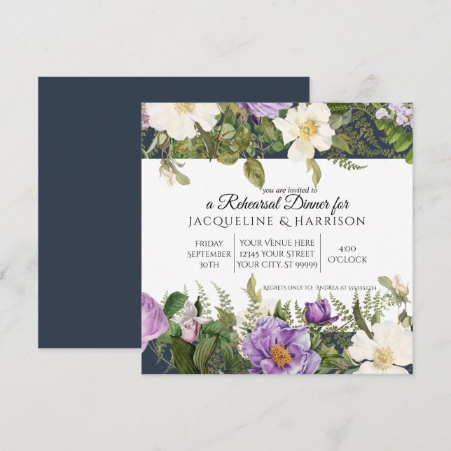 Rehearsal Dinner Navy Purple Ivory Rose Floral Invitation (Front/Back)