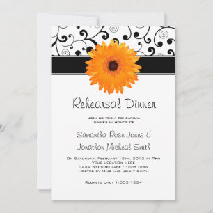 Rehearsal Dinner Orange Gerbera Daisy Black Scroll Invitation