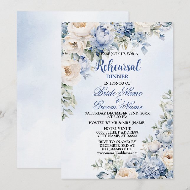 Rehearsal Dinner Party Dusty Blue Ivory Flowers   Invitation (Front/Back)