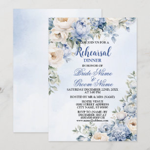 Rehearsal Dinner Party Dusty Blue Ivory Flowers   Invitation
