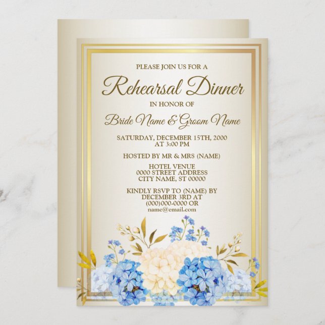 Rehearsal Dinner Party Golden Blue Yellow Floral Invitation (Front/Back)