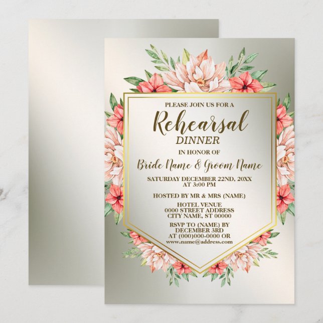 Rehearsal Dinner Party Peach Orange Floral Golden Invitation (Front/Back)