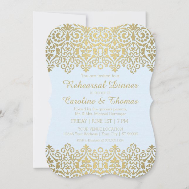 Rehearsal Dinner Party Vintage Golden Lace Elegant Invitation (Front)