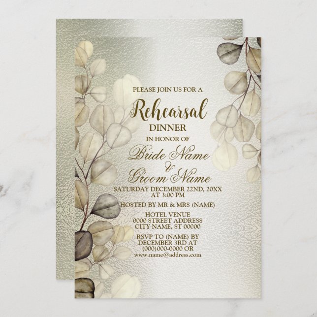 Rehearsal Dinner Party Watercolor Gold Eucalyptus Invitation (Front/Back)