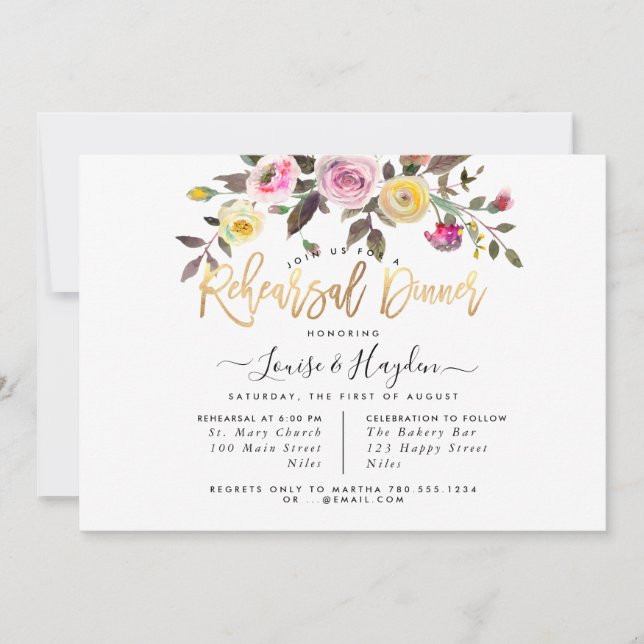Rehearsal Dinner Pastel Watercolor Flowers Announcement (Front)