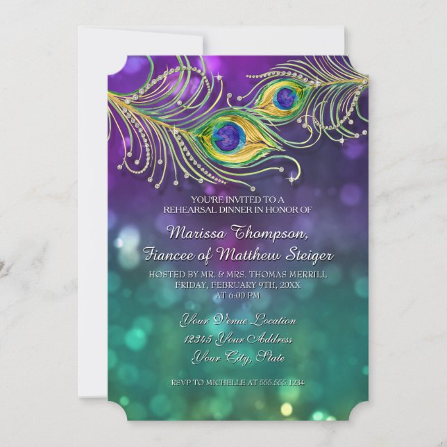 Rehearsal Dinner Peacock Feather Jewelled Feathers Invitation (Front)