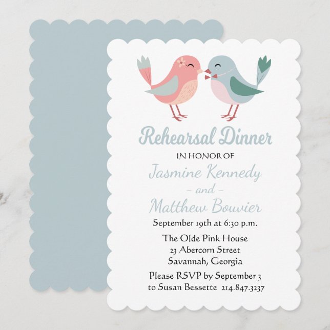 Rehearsal Dinner Pink & Blue Lovebirds Wedding Invitation (Front/Back)