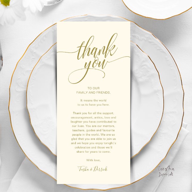 Rehearsal Dinner Place Setting Thank you Card (Modern Script Wedding Guest Dinner Reception Brunch Lunch Thank You Card in Yellow Gold)