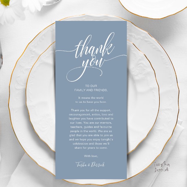 Rehearsal Dinner Place Setting Thank you Card (Modern Script Wedding Guest Dinner Reception Brunch Lunch Thank You Card in Warm Dusty Blue)