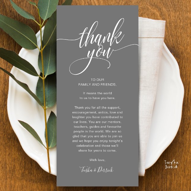 Rehearsal Dinner Place Setting Thank you Card (Modern Script Wedding Guest Dinner Reception Brunch Lunch Thank You Card in Classy Warm Dark Grey)