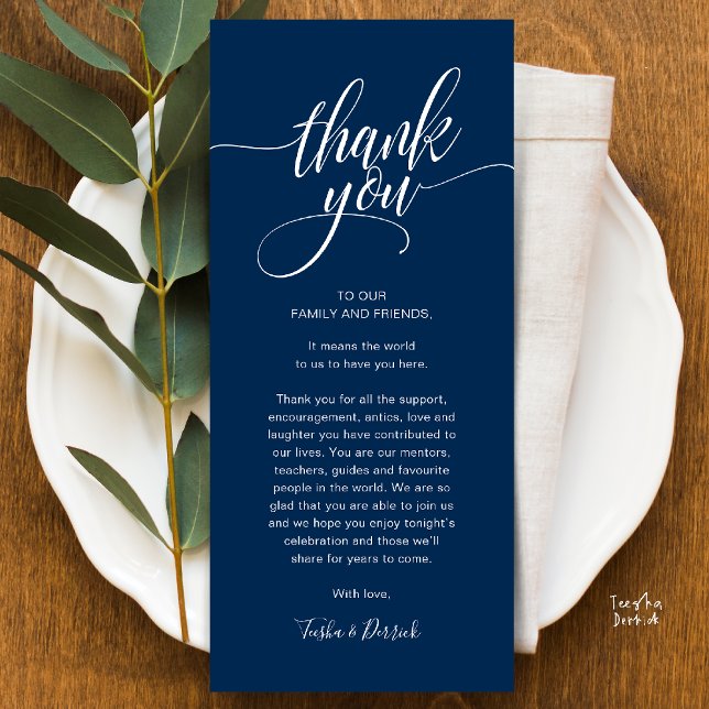 Rehearsal Dinner Place Setting Thank you Card (Modern Script Wedding Guest Dinner Reception Brunch Lunch Thank You Card in Classy Navy Blue)