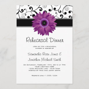 Rehearsal Dinner Purple Gerbera Daisy Black Scroll Invitation