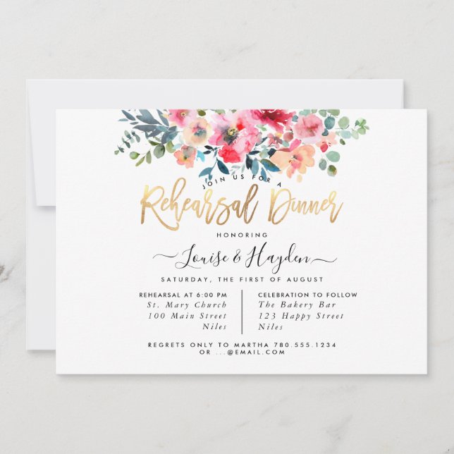 Rehearsal Dinner Red Ombre Watercolor Roses Announcement (Front)