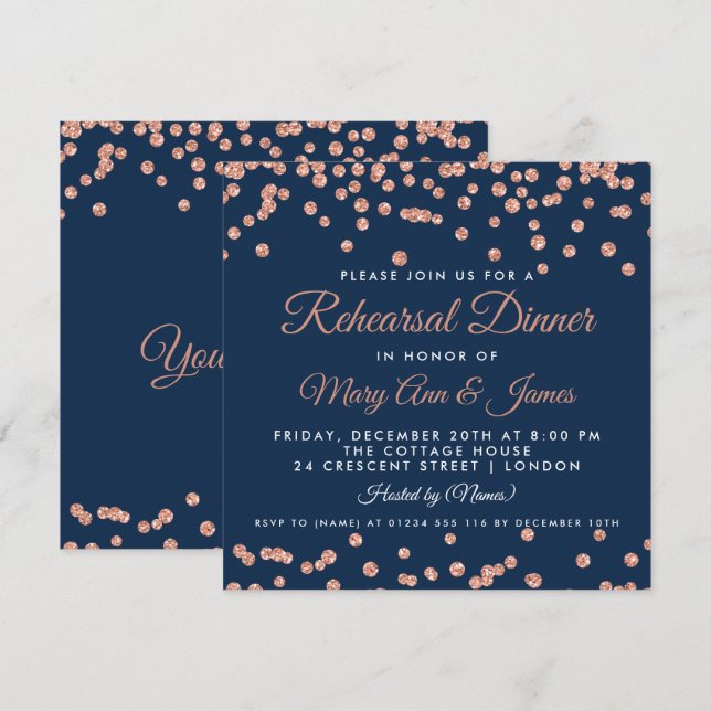 Rehearsal Dinner Rose Gold Glitter Confetti Navy Invitation (Front/Back)