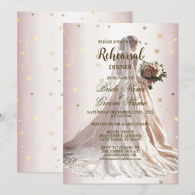 Rehearsal Dinner Rose Winter Wedding Bride Golden Invitation (Front/Back)