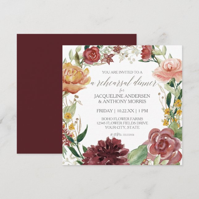 Rehearsal Dinner Rustic Floral Burgundy Blush Rose Invitation (Front/Back)
