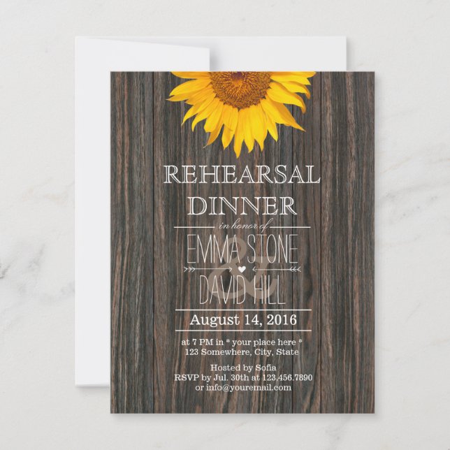 Rehearsal Dinner Rustic Sunflower Classy Wood Invitation (Front)