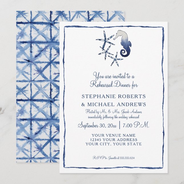 Rehearsal Dinner Shibori Seahorse Starfish Beach Invitation (Front/Back)