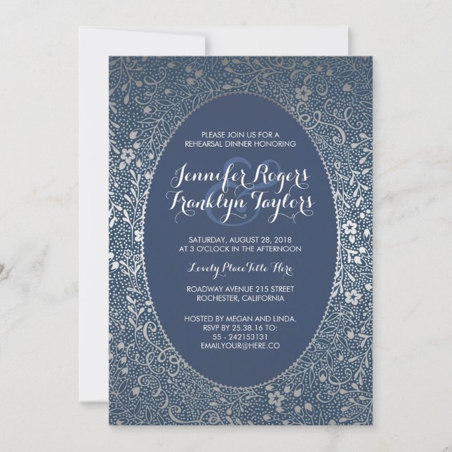 Rehearsal Dinner Silver Floral Vintage Navy Invitation (Front)