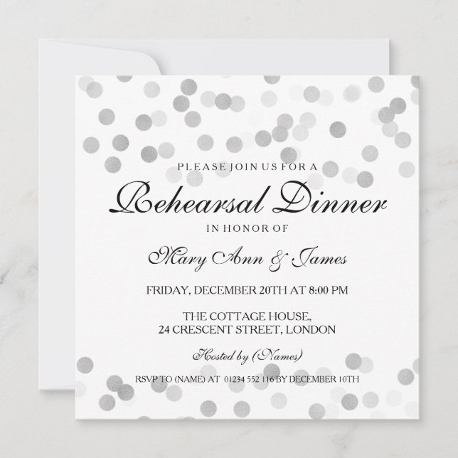 Rehearsal Dinner Silver Foil Glitter Lights Invitation (Front)