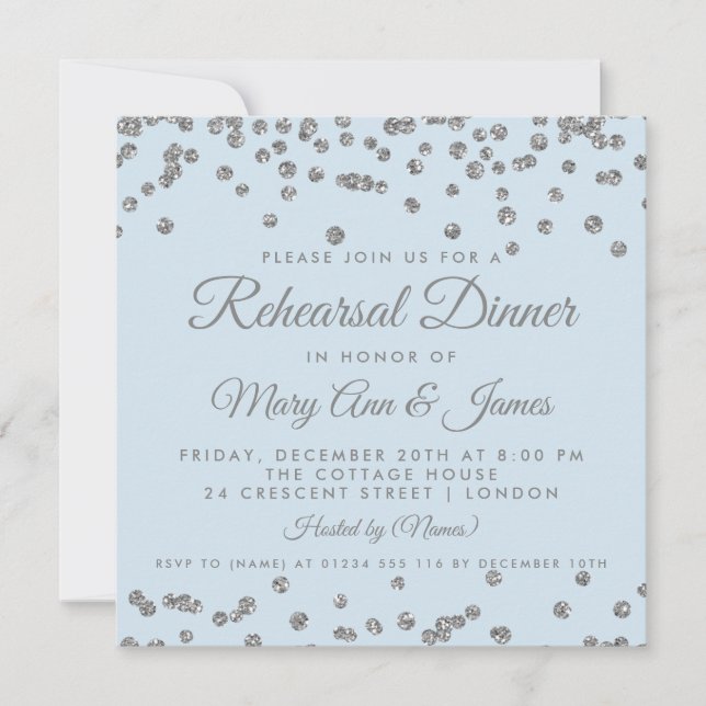 Rehearsal Dinner Silver Glitter Confetti Ice Blue Invitation (Front)