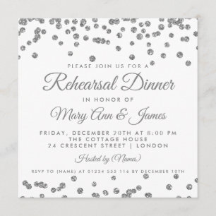 Rehearsal Dinner Silver Glitter Confetti White Invitation