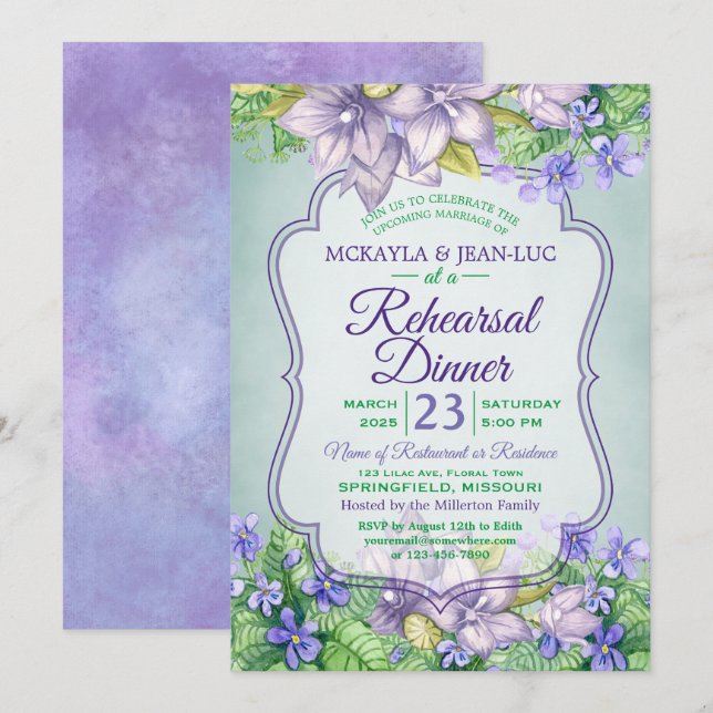 Rehearsal Dinner Spring Wedding Watercolor Violets Invitation (Front/Back)