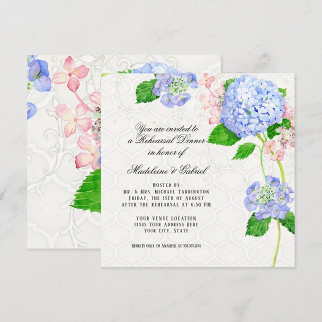 Rehearsal Dinner Summer Blue Hydrangea Watercolor Invitation (Front/Back)