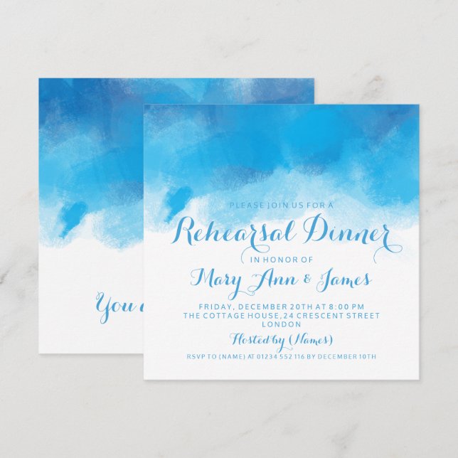 Rehearsal Dinner Summer Blue Watercolor Invitation (Front/Back)