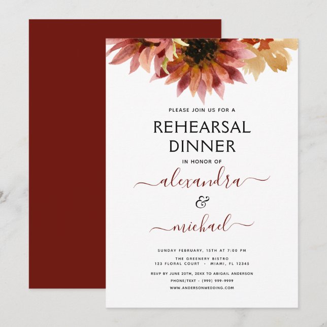 Rehearsal Dinner Sunflower Burgundy Country Invitation (Front/Back)