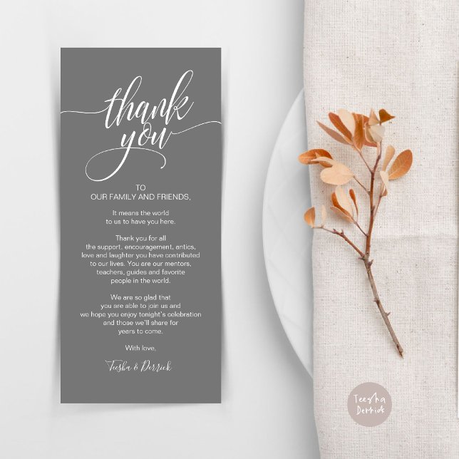 Rehearsal Dinner Thank you Place Setting Card (Rehearsal Dinner Wedding Brunch Celebration, Place Setting Thank You Card, in Dark Grey)