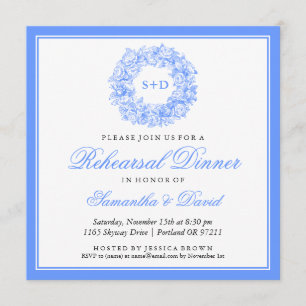Rehearsal Dinner Vintage Floral Monogram Blue Invitation