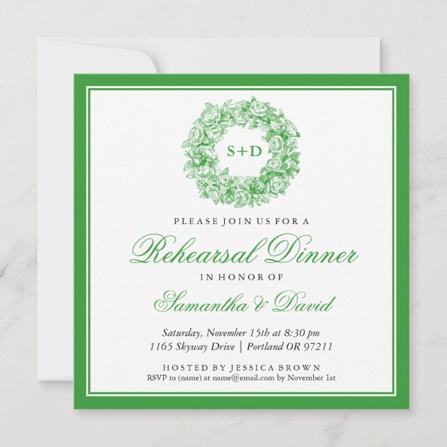 Rehearsal Dinner Vintage Floral Monogram Green Invitation (Front)