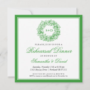 Rehearsal Dinner Vintage Floral Monogram Green Invitation