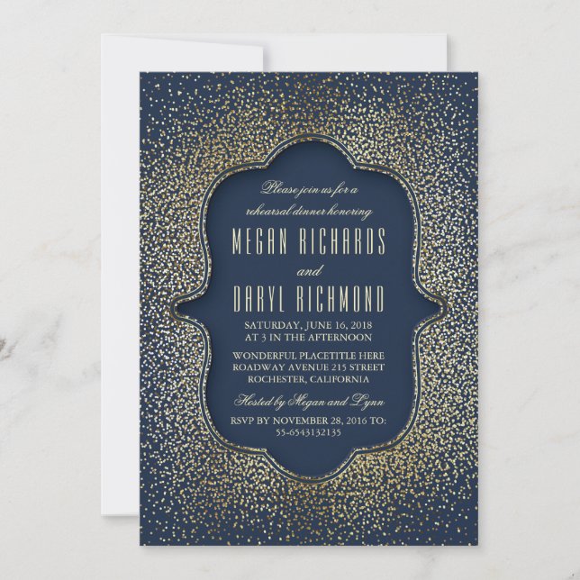Rehearsal Dinner Vintage Gold Glitter Navy Invitation (Front)