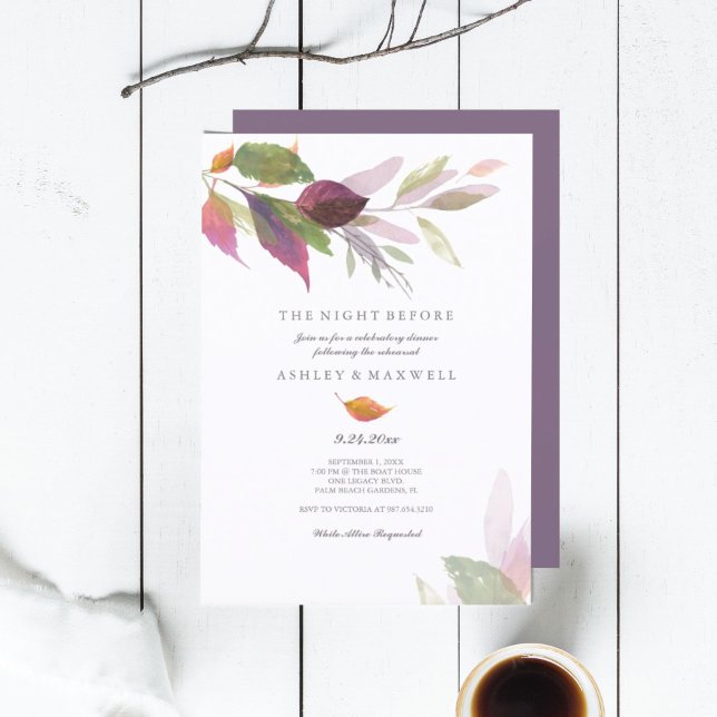 Rehearsal Dinner Watercolor Fall Leaves Invitation (rehearsal dinner invitations the night before autumn leaves purple)