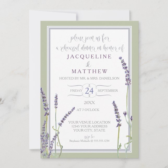 Rehearsal Dinner Watercolor Lavender Floral Script Invitation (Front)