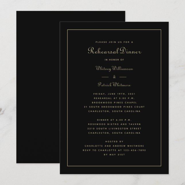 Rehearsal Dinner Wedding Elegant Black & Gold Invitation (Front/Back)