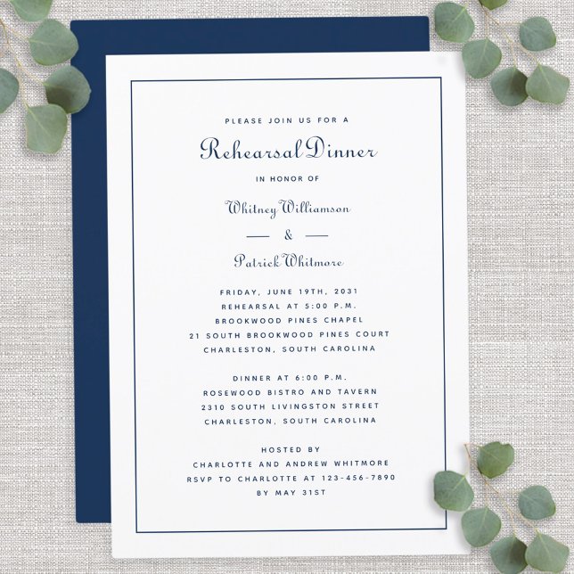 Rehearsal Dinner Wedding Elegant Script Blue White Invitation (Rehearsal Dinner Wedding Elegant Script Blue White Invitation)