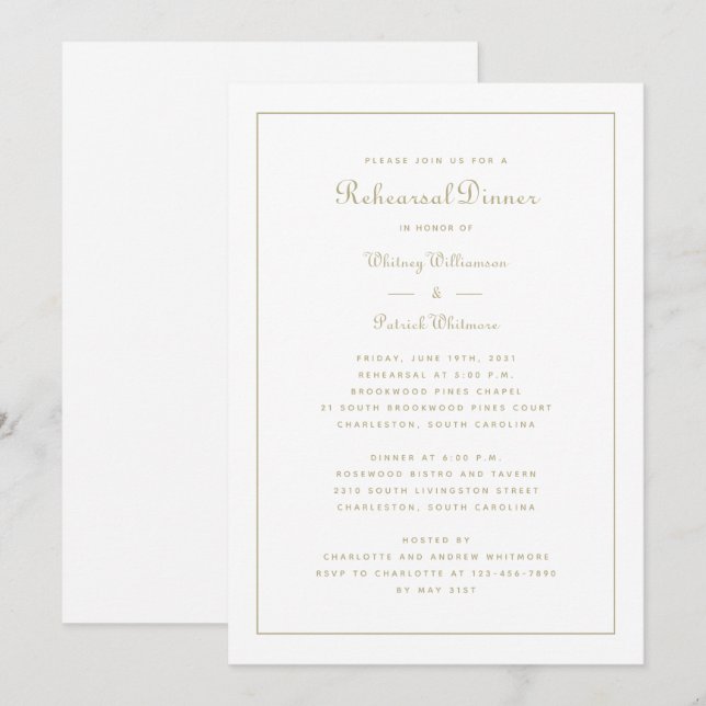 Rehearsal Dinner Wedding Elegant Script Gold White Invitation (Front/Back)