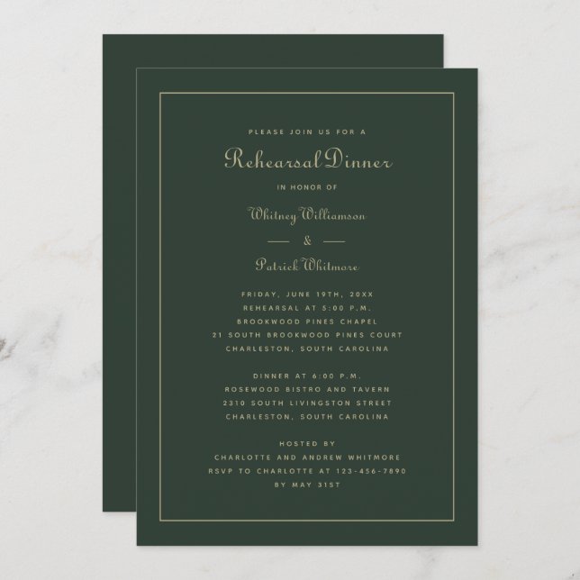 Rehearsal Dinner Wedding Emerald Green & Gold Invitation (Front/Back)