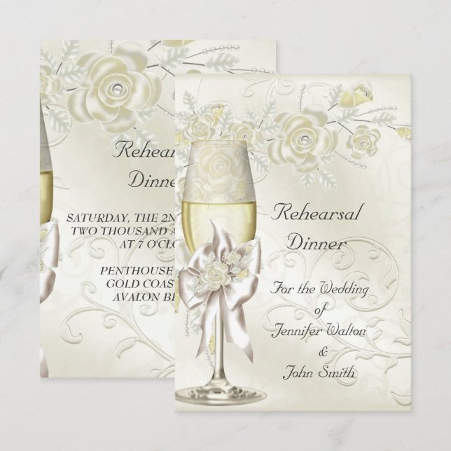 Rehearsal Dinner Wedding Gold Cream Pearl Floral Invitation (Front/Back)