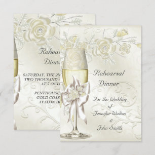 Rehearsal Dinner Wedding Gold Cream Pearl Floral Invitation